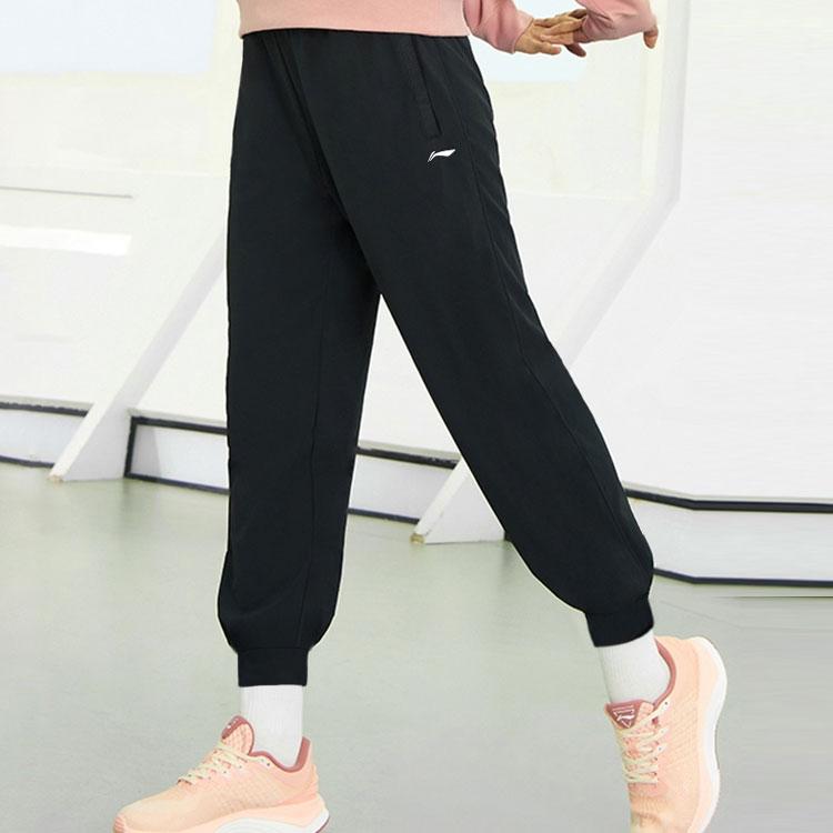 Li Ning Sports Lifestyle Series Logo Print Solid Color Cuffed Casual Sports Pants Women bottoms Black AYKS466-1