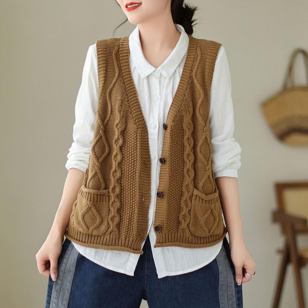 Johnature Women Vintage Sweaters Vests V-Neck Sleeveless Patchwork Pockets Coats Knitted Cotton Clothes Fall Sweaters