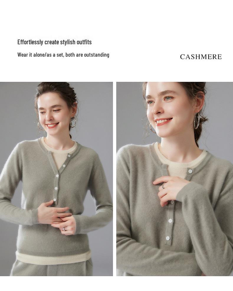 Stylish Women's Faux Two-Piece Cashmere Knit Sweater - Loose, Slimming, Versatile Pullover