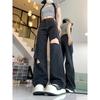 Women New Black Ripped High Waist Jeans Wide Leg Straight Loose Floor Length Thin Summer Fashion Design Denim Pants