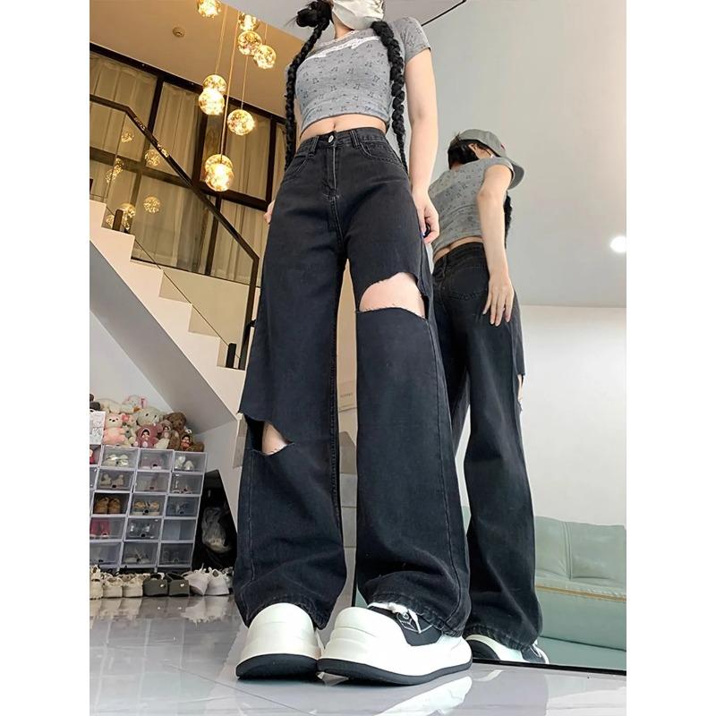 Women New Black Ripped High Waist Jeans Wide Leg Straight Loose Floor Length Thin Summer Fashion Design Denim Pants