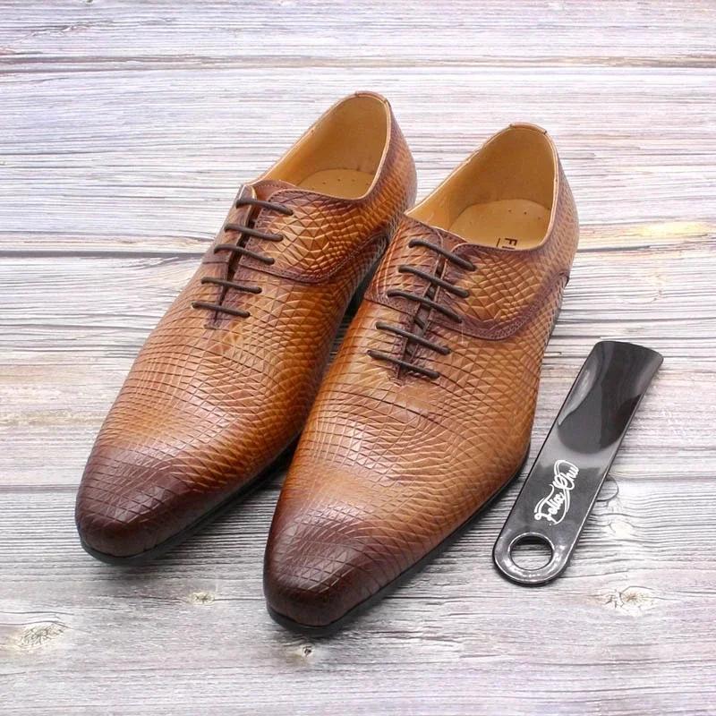 Fashion Men's Genuine Cow Leather Lace-Up Oxford Dress Shoes Snake Pattern Print Business Formal Office Suit Footwear