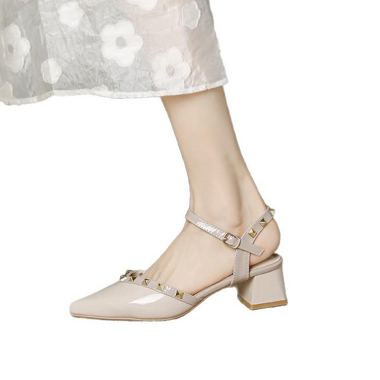 High Heels Women's Summer 2025 New French Bag Head Rivets Shallow Thick Heel Pointed Head Versatile Fashion Sandals Women