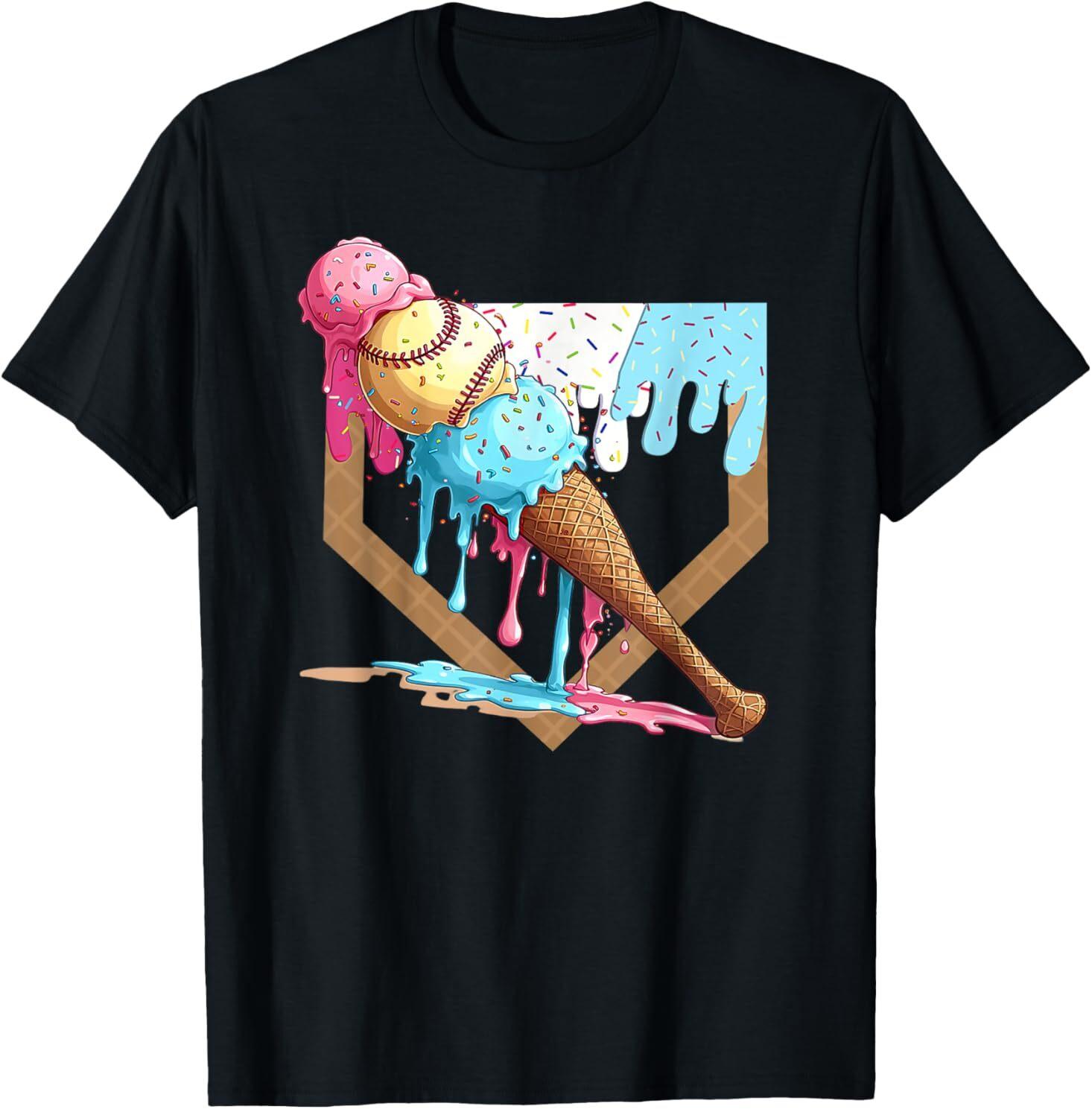 Baseball Ice Cream Dripping Baseball Home Plate Drip T-Shirt Mens Womens Tees Top 4XL