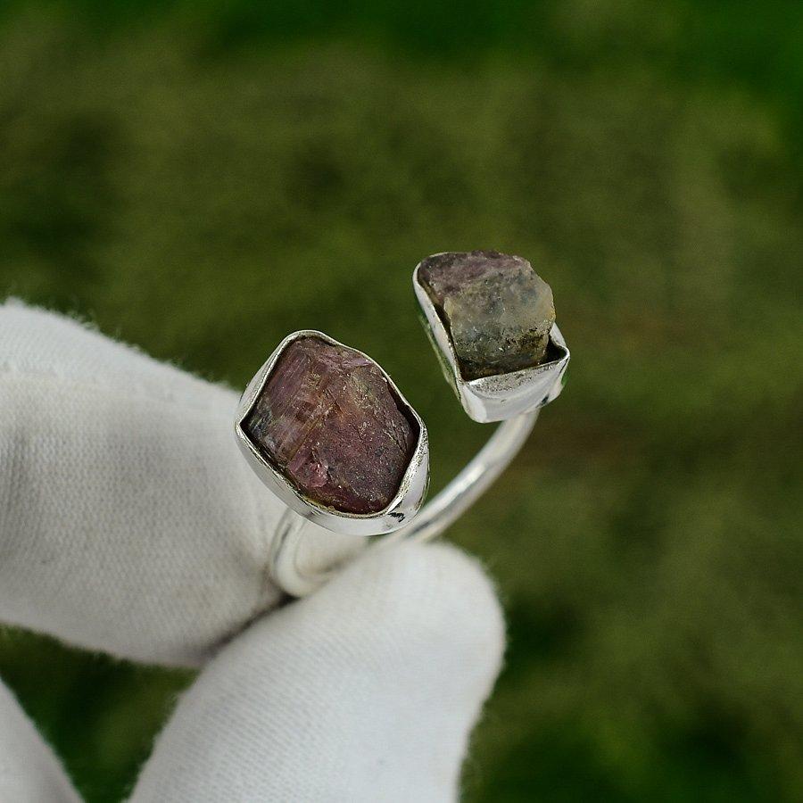 Натуральный розовый турмалин необработанный штабелируемое регулируемое кольцо 925 пробы для женщин Adjustable