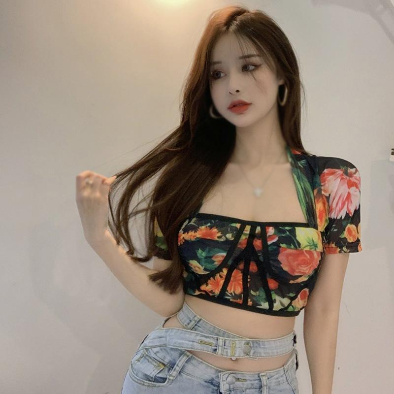 Dámský čtvercový límec s květinovým tenkým odhaleným pupkem s krátkými rukávy