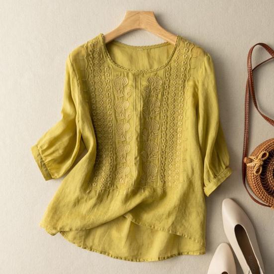 Camicia da donna girocollo mezza manica ricamo motivo floreale top tinta unita sottile retrò camicetta da indossare tutti i giorni