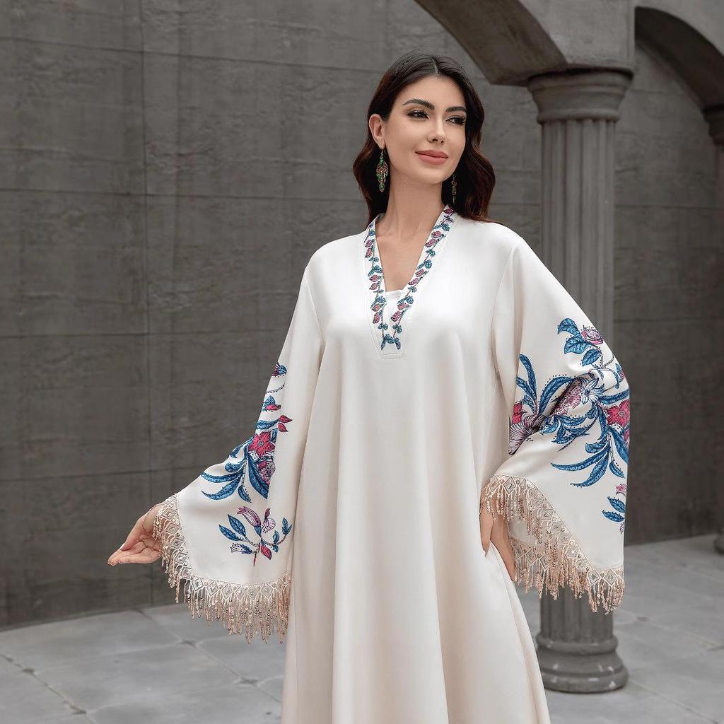 Embroidered Tassel V-neck Abaya: Middle Eastern Muslim Women's Long Robe