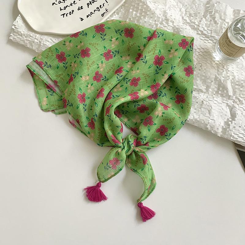 Women's silk scarf square scarf high-end neck protection scarf small fresh decorative floral headscarf hair band fringed hair accessories
