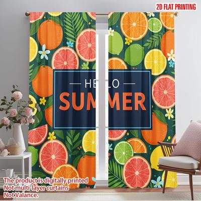 2pcs 2D Flat Printing Scene Curtain Summer Fruits Floral Vibes Polyester Without Electricity Festive Wall Decor for Holiday