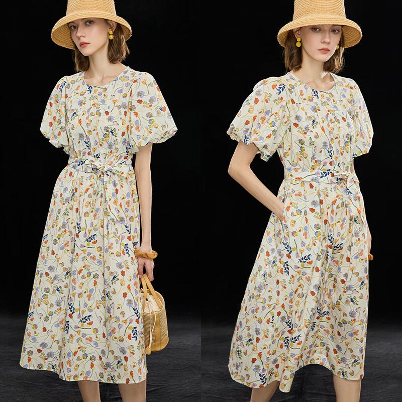 French Holiday Print Waist-Cinching Short Sleeve Dress