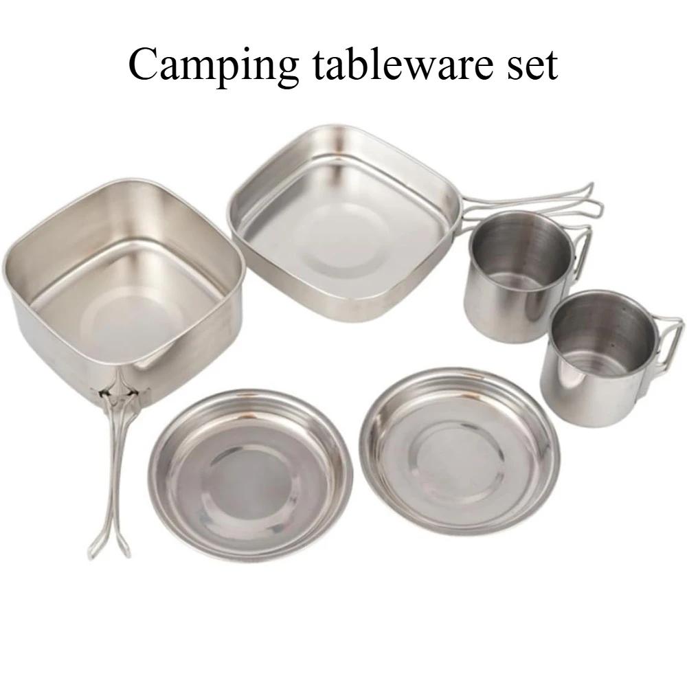 Camping 6-piece tableware set, cooking kit, lightweight stainless steel cookware, foldable pot, bowl and cup set