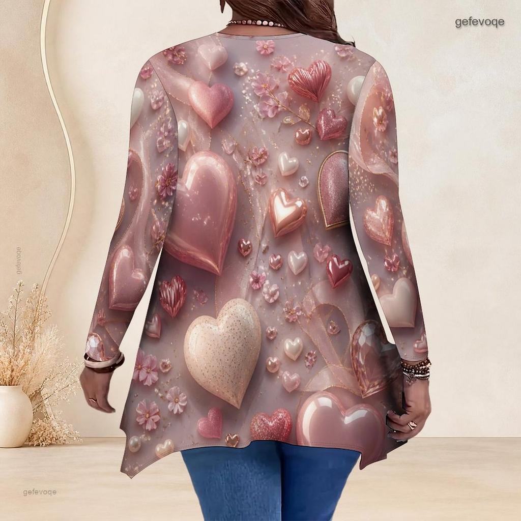 Women Plus Size V Neck Long Sleeve Printed Asymmetric Hem Flared Tunic Top