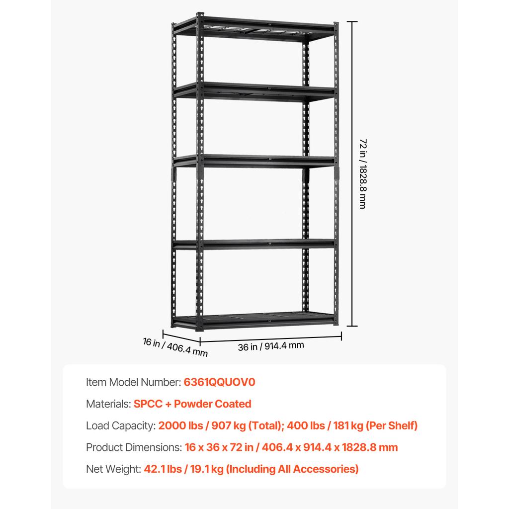 SucceBuy 5 Tier Metal Storage Shelves Height Adjustable Garage Shelving Racking Freestanding Shelf Unit for Industrial Warehouse