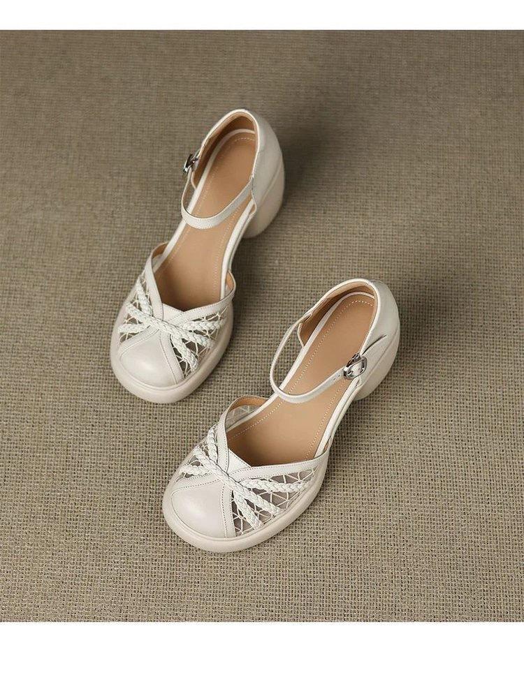 

Baotou sandals women s summer thick-soled round head hollow high heels thick heel imitation leather soft sole small one-word buckle sandals 40 белый