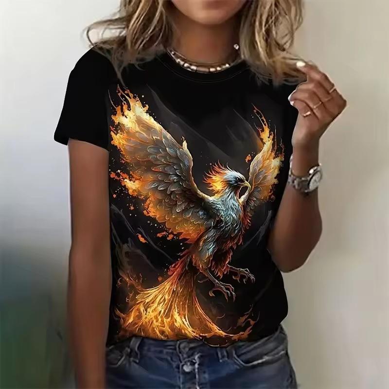 Summer Round Neck 3D Phoenix Pattern Print Top Fashionable Casual Short Sleeved Women's T-shirts