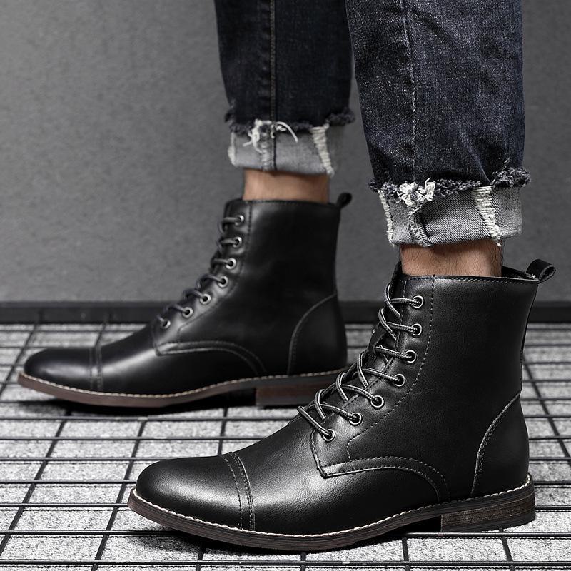 Men's Retro Korean Style High-Top Leather Martin Boots with Plus Velvet, Large Size Cotton Work Boots for Autumn