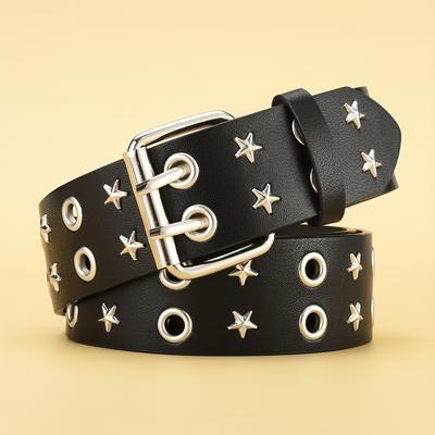 Ceinture pour femme à rivets pentagonaux en forme d'étoile, double rangée de boucle à aiguille, ceinture tendance pour homme, ceinture en cuir, style hip-hop punk rock, ceinture pour jeans