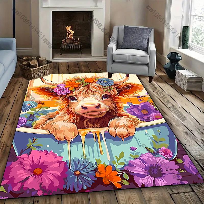 Pink Farmhouse Cow Rug with Floral and Heart Accents carpet for home sofa bedroom, gift