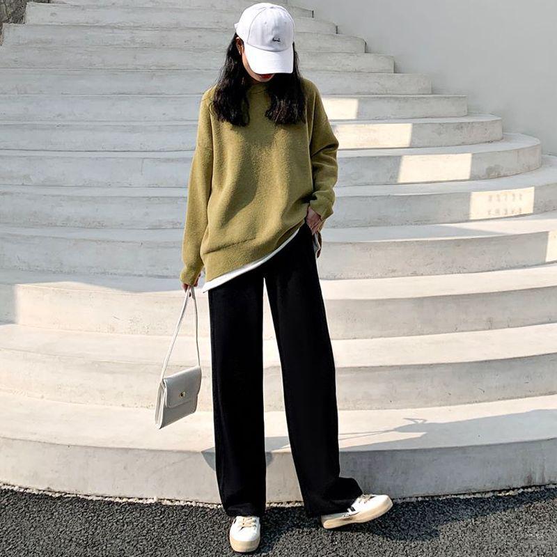 Women's Black High-Waisted Wide-Leg Pants - Spring Casual, Loose-Slimming, Floor-Length, Versatile, Drapey Straight Suit Pants