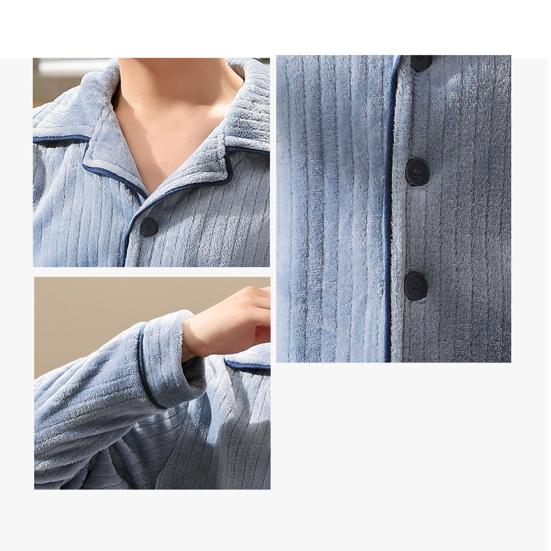 2 Pcs/Set Men Winter Pajamas Set Lapel Thick Striped Single-breasted Loose Elastic Waist Warm Soft Pockets Solid Color Men Homewear Top Pants Set