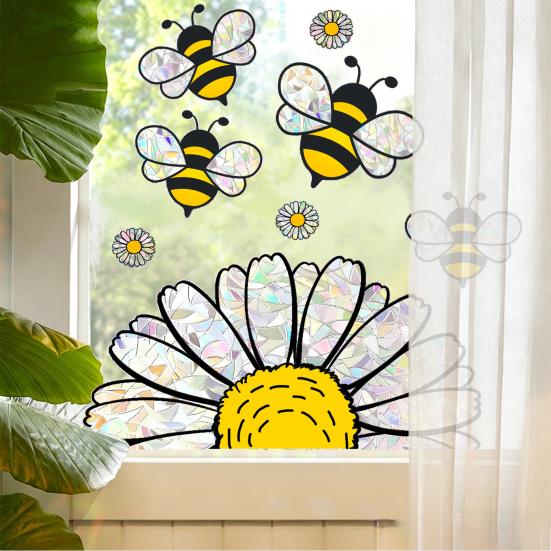 Spring Summer Bee Sunflower Window Sticker Prism Suncatcher Glass Window Cling Reusable Static Decals for Shop Home Office School Decor
