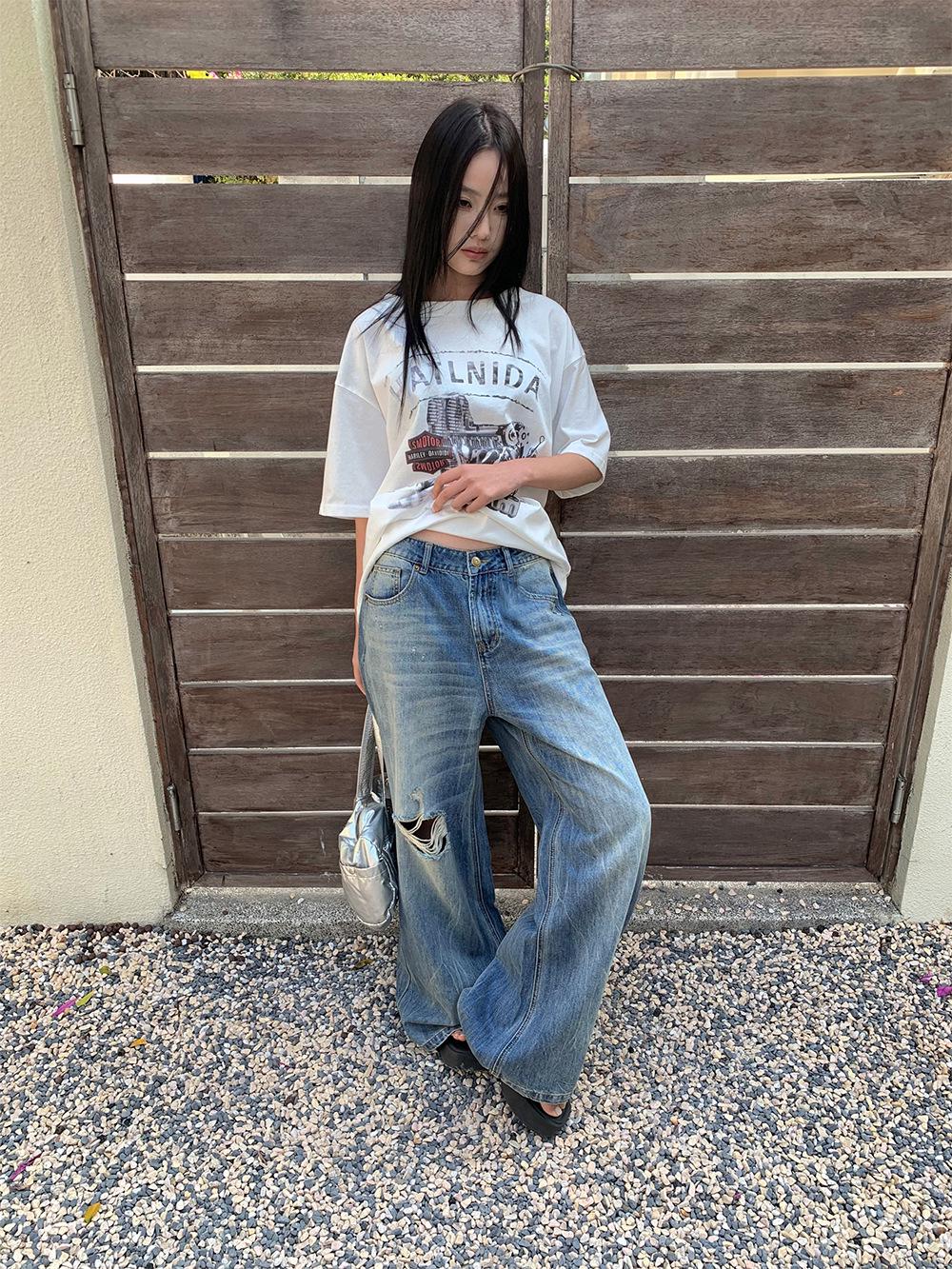 

[9hour] Women s Tie-Dye Striped Distressed Wide-Leg Ripped Jeans - American Street Style, Spring 2025 M (up to 55 kg) синий