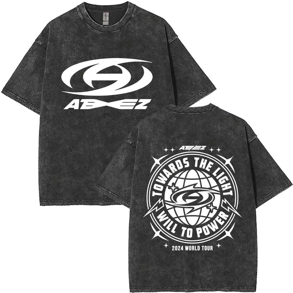 Washed Vintage Kpop ATEEZ "FlX ON" Merch T-shirt Men Women Korean Fashion Trend T Shirts Men's Casual Oversized Cotton T-shirts