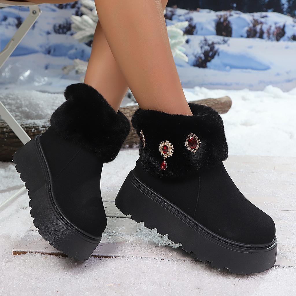 Shiny Rhinestone Chunky Platform Snow Boots Women Non Slip Thick Bottom Cotton Shoes Woman Winter Warm Thicken Plush Ankle Botas