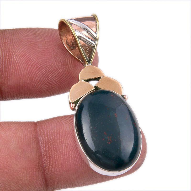 

Natural Bloodstone 925 Solid Sterling Silver Jewelry TwoTone Pendant 1.75 d6U33