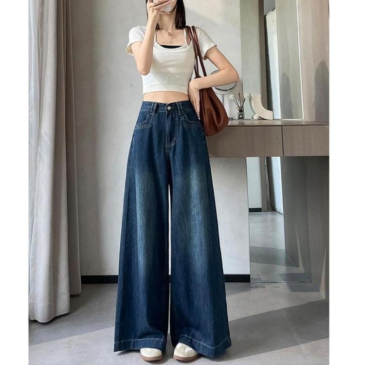 Trend Street Women Wide Leg Jeans High Waisted Loose Spring Autumn Floor Length Thin Trousers New Versatile Fashion Tide