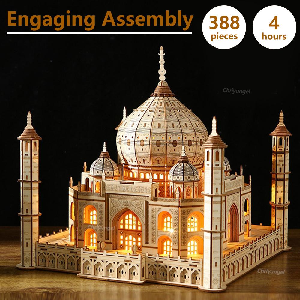 3D Wooden Puzzle House Royal Castle Taj Mahal Model Kit with Light DIY Assembly Crafts Desk Decoration Gifts for Adults Kids