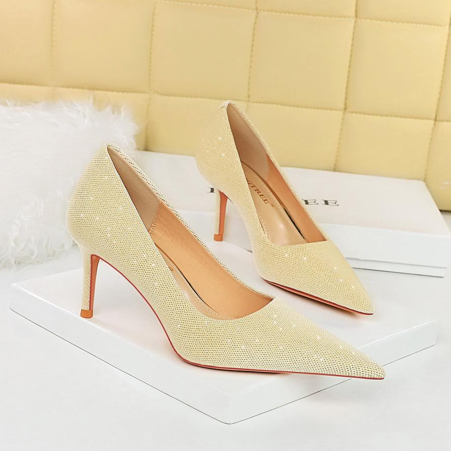Bankett for kvinner tynne hæler med grunt munn spiss hodelykt Plysjkjerne sko med høye hæler