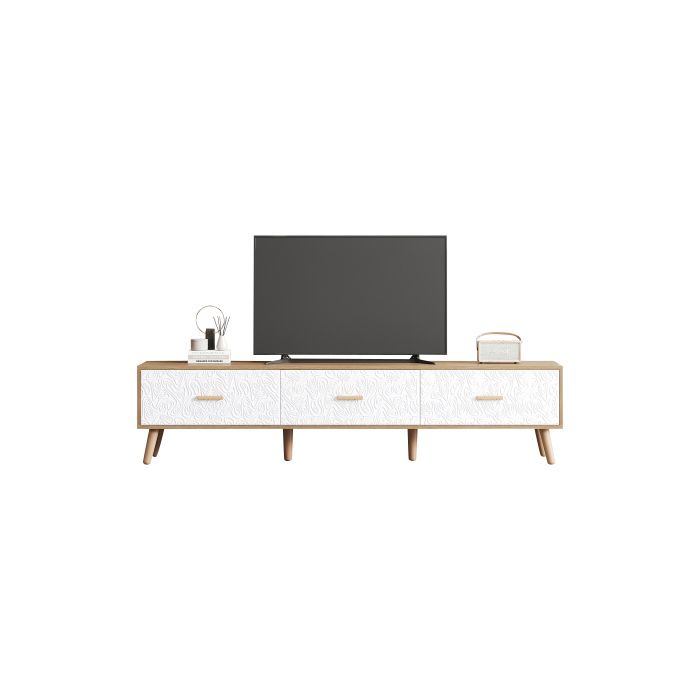 Meuble TV et table TV en bois - Salon Chambre à coucher, couleur bois clair,panneaux de porte blancs texturés vintage.150*35*39 cm