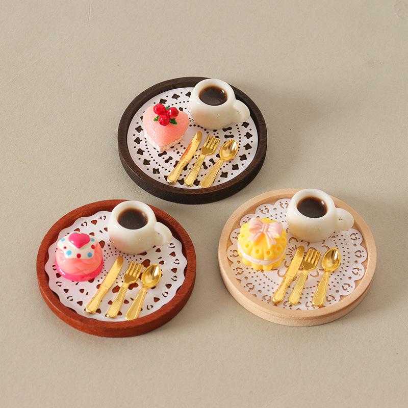Miniature Dollhouse Snack Set: Cake, Coffee, Knife, Fork, Tray, and Small Realistic Treats for ob11 Dolls
