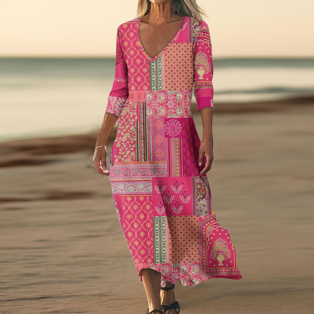 Dresses For Womens Vintage Print Tunic Waisted Midi Dress Summer Casual  3/4 Sleeve Dress
