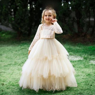 Nuovo Abito da Damigella in Tulle a Maniche Lunghe per Matrimoni e Spettacoli