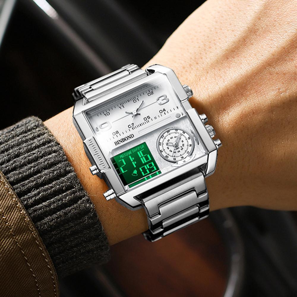 BINBOND Fashion Square Big Dial Wristwatch Three Display Quartz Watch for Men Multifunctional Sports Clock Male Wristwatch