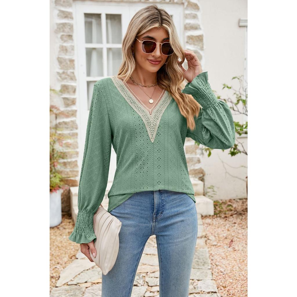 GMXIA Autumn Winter Solid Color Lace Splicing V-neck Long Sleeve Loose T-shirt Top