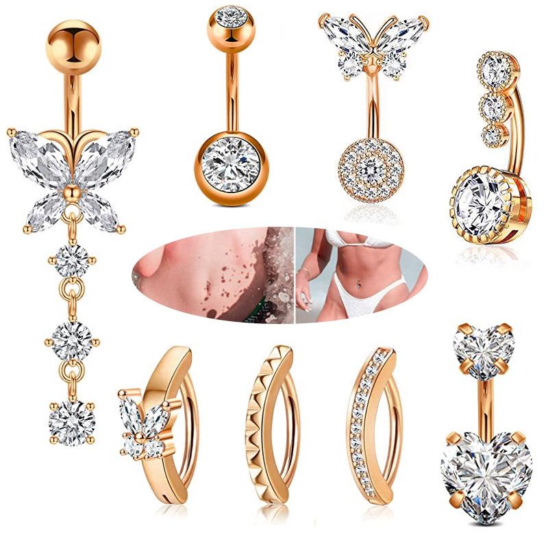 

Ювелирные изделия для пирсинга из нержавеющей стали, сердце-бабочка, двойной бриллиант, циркон, кольцо для пупка, Европейский и американский сексуальный пупок, пупок