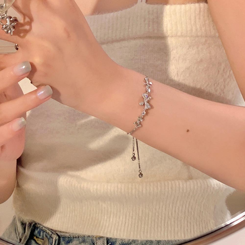 

Silver 925 Chain Bracelet Simple Adjustable Bracelet Glamour Bow Bracelet for Women