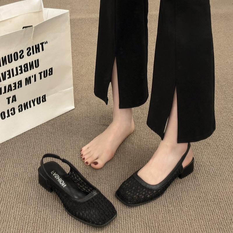Mesh Hollow Bag Head Sandals Women's New Summer Mary Jane with Skirt Temperament Thick Heel Single Shoes
