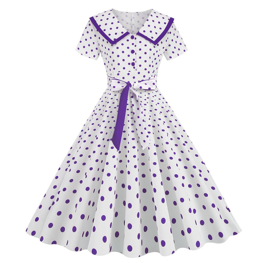 Women's Fashion Lapel Vintage Polka Dot Print Maxi Dress with Belt