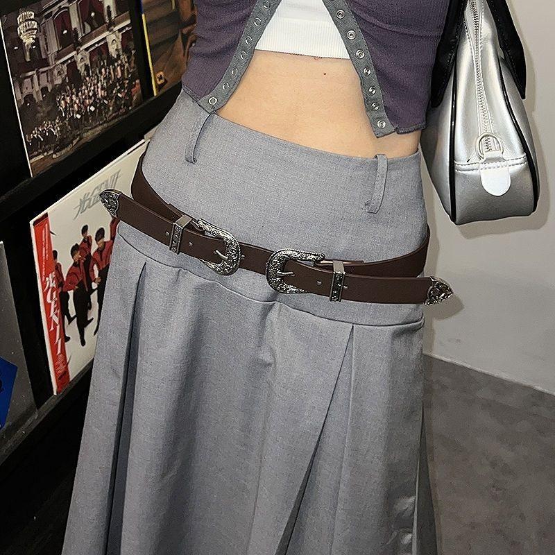 And Chic Black Coffee Pu Wide Waist Belt With Double Head Floral Buckle For Looks Trendy