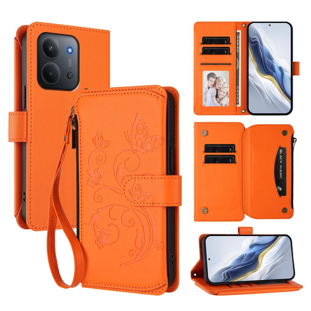 For Xiaomi Redmi 15C 5G (EU) (173mm)/Xiaomi Redmi 15C 4G (EU) (173mm) Leather Case Butterfly Floral Imprint Zipper Wallet Stand Cover with Wrist Strap