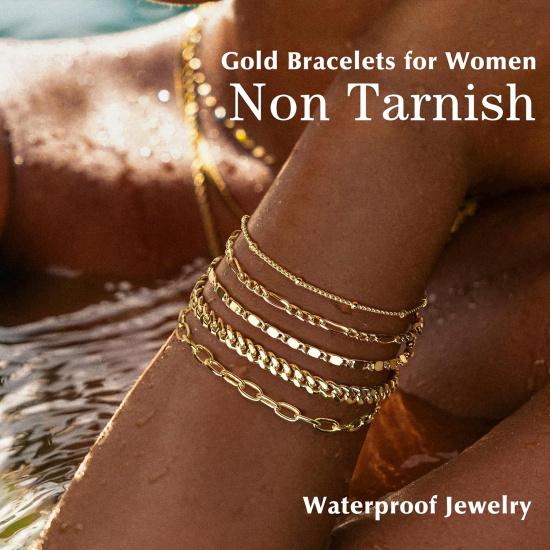 Gold Bracelets Set for Women Non Tarnish Trendy,14K Gold Plated Dainty Stackable Paperclip Cuban Link Chain Bracelets, Simple Cute Cuff Bracelets