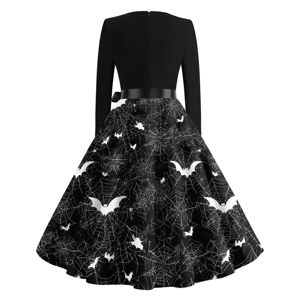 Women's Casual Vintage Halloween Dress Long Sleeve Crew Neck Retro Swing Dress with Spider Web and Bat Print and Waist Tie Belt for Everyday Wear