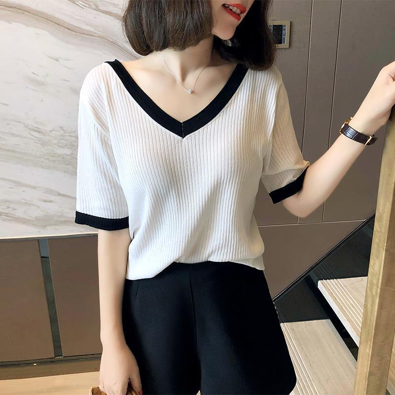 Spring Sum Thin Korean Fashion T-Shirts Casual V-neck Pullovers Solid Color Loose Short Sleeve Comfortable Women's Clothing 2023