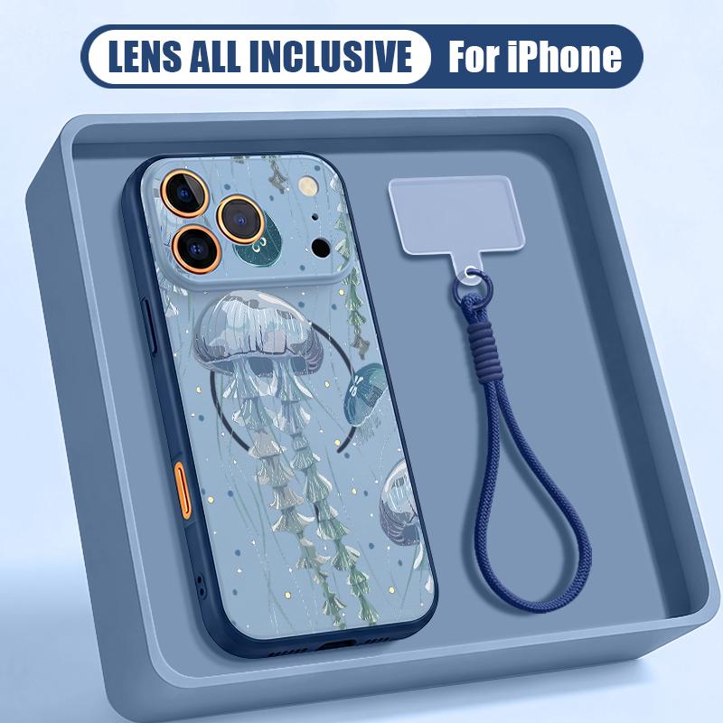 Custodia con Cinturino a Mano Stampa Pesci dell'Oceano Squalo Per iPhone 17 Pro Max iPhone 16 15 14 13 Pro Max Magnetica Per Magsafe Ibrida TPU+PC Copertura Opaca