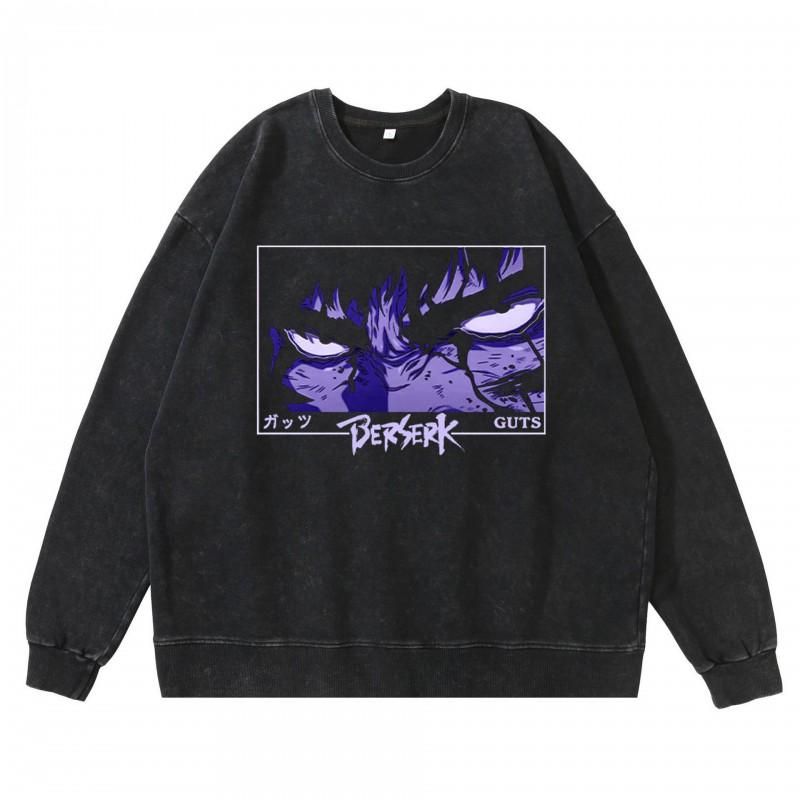 Schwergewicht 360g Gewaschener Vintage Berserk Anime Streetwear Baumwolle Pullover Hoodie Herren